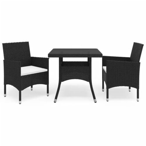 3 részes fekete polyrattan és edzett üveg kerti étkezőszett