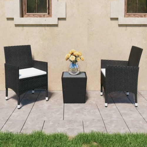 3 részes fekete polyrattan és edzett üveg kerti bisztrószett