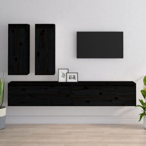 4 darab fekete tömör fenyőfa TV-szekrény