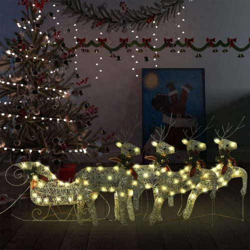  aranyszínű rénszarvas és szán karácsonyi dekoráció 100 LED-del