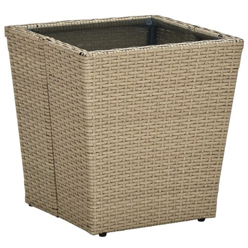 bézs polyrattan és edzett üveg dohányzóasztal 41,5x41,5x44 cm