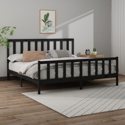 fekete tömör fenyőfa ágykeret 200x200 cm