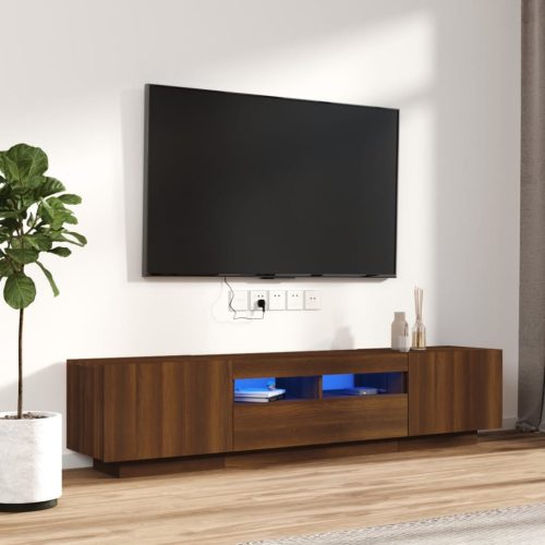2 részes barna tölgy színű fa TV-szekrény szett LED-lámpákkal