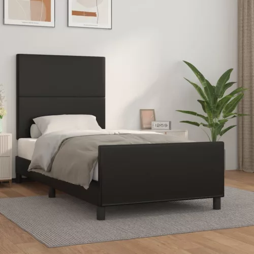 fekete műbőr ágykeret fejtámlával 90x200 cm