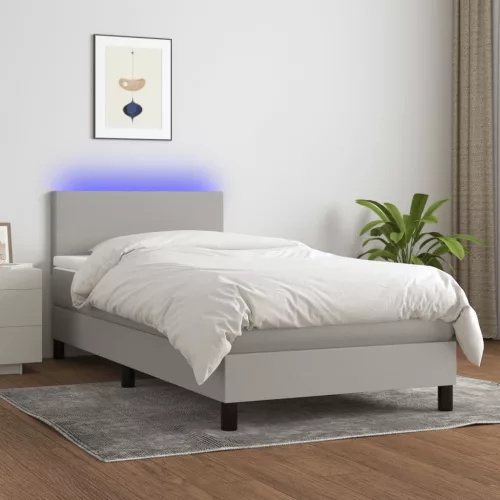 világosszürke szövet rugós és LED-es ágy matraccal 80 x 200 cm