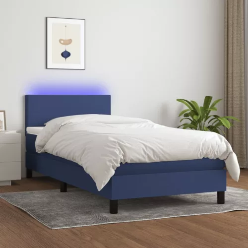 kék szövet rugós és LED-es ágy matraccal 80 x 200 cm
