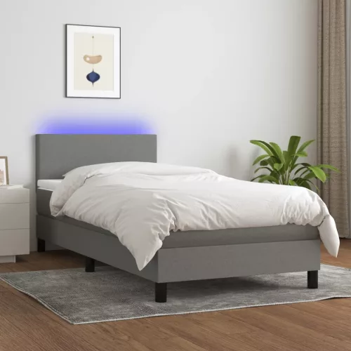 sötétszürke szövet rugós és LED-es ágy matraccal 90x190 cm