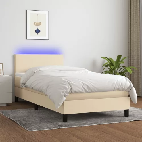 krémszínű szövet rugós és LED-es ágy matraccal 90x190 cm