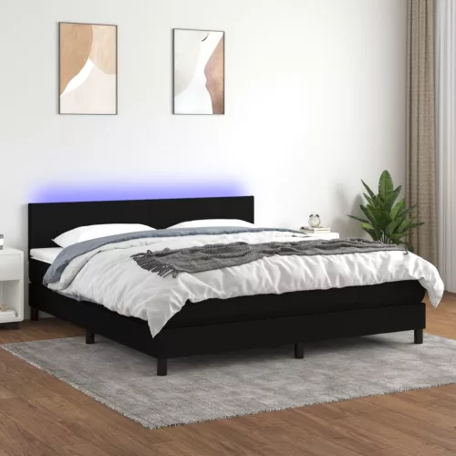 fekete szövet rugós és LED-es ágy matraccal 180 x 200 cm