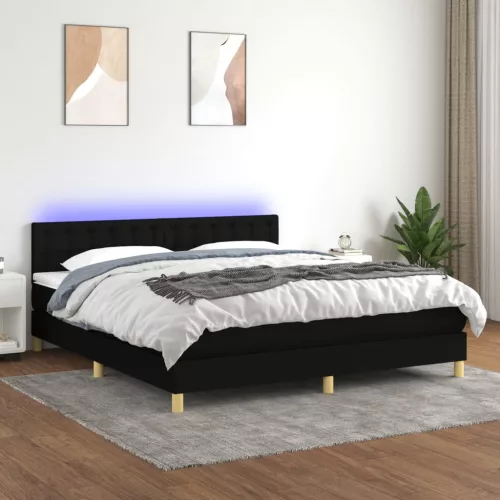 fekete szövet rugós és LED-es ágy matraccal 180 x 200 cm