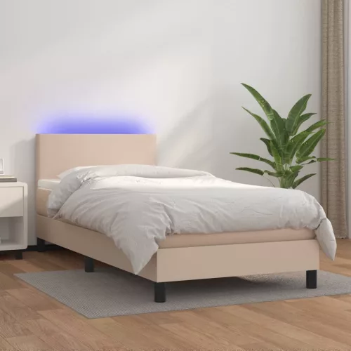 cappuccino színű műbőr rugós ágy matraccal és LED-del 80x200 cm