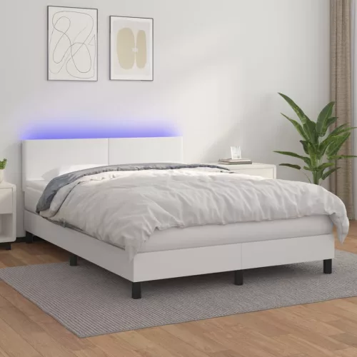 fehér műbőr rugós ágy matraccal és LED-del 140x200 cm