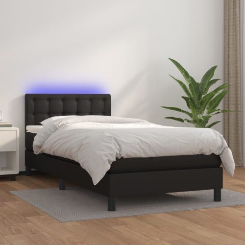 fekete műbőr rugós ágy matraccal és LED-del 90x190 cm