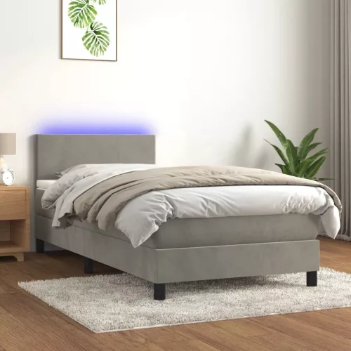 világosszürke bársony rugós és LED-es ágy matraccal 90x190 cm