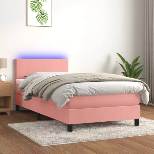 rózsaszín bársony rugós és LED-es ágy matraccal 90x200 cm