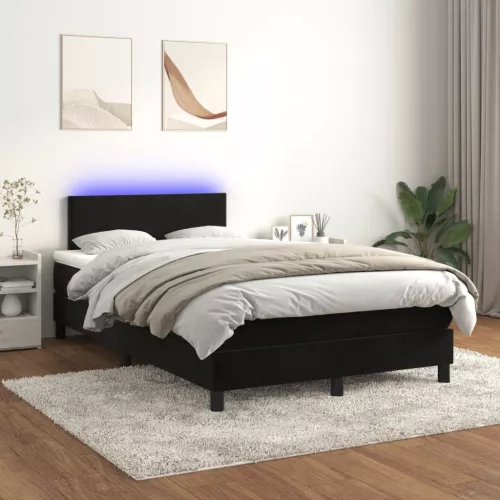 fekete bársony rugós és LED-es ágy matraccal 120x200 cm