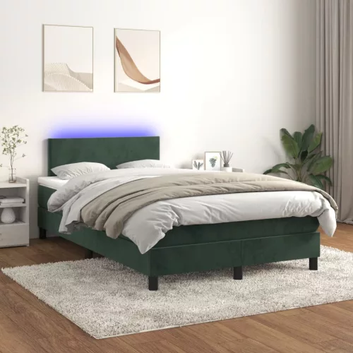 sötétzöld bársony rugós és LED-es ágy matraccal 120x200 cm
