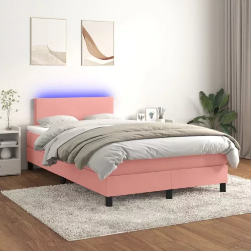 rózsaszín bársony rugós és LED-es ágy matraccal 120x200 cm
