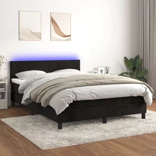fekete bársony rugós és LED-es ágy matraccal 140x200 cm