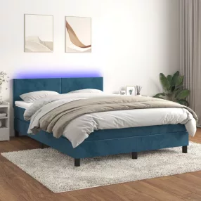   sötétkék bársony rugós és LED-es ágy matraccal 140x200 cm