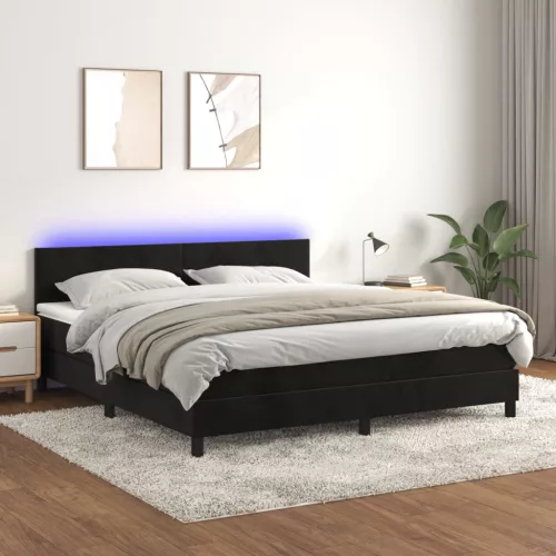 fekete bársony rugós és LED-es ágy matraccal 160x200 cm