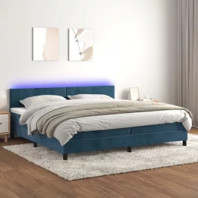   sötétkék bársony rugós és LED-es ágy matraccal 200x200 cm