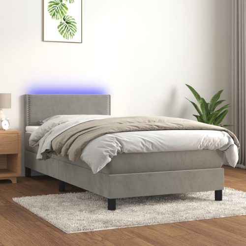  világosszürke bársony rugós és LED-es ágy matraccal 90x190 cm