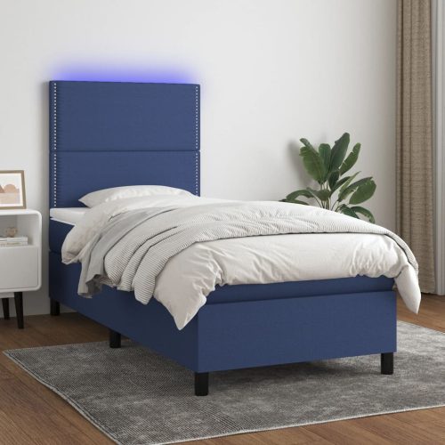 kék szövet rugós és LED-es ágy matraccal 90x190 cm
