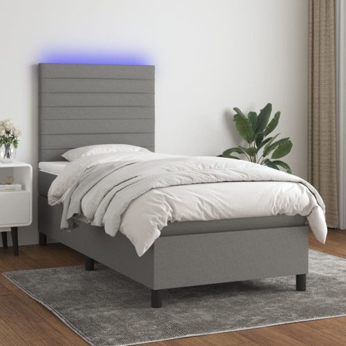 sötétszürke szövet rugós és LED-es ágy matraccal 100x200 cm