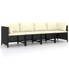 4 személyes fekete polyrattan kerti kanapé párnákkal