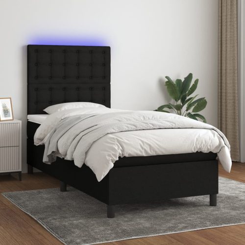 fekete szövet rugós és LED-es ágy matraccal 90x200 cm