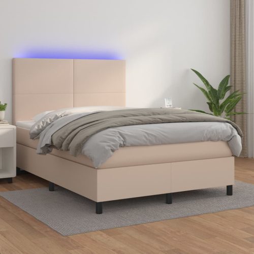  cappuccino színű műbőr rugós ágy matraccal és LED-del 140x190cm