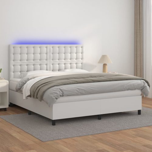 fehér műbőr rugós ágy matraccal és LED-del 160x200 cm