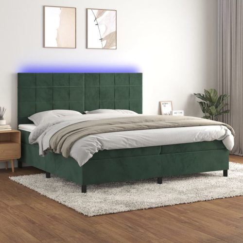 sötétzöld bársony rugós és LED-es ágy matraccal 200x200 cm