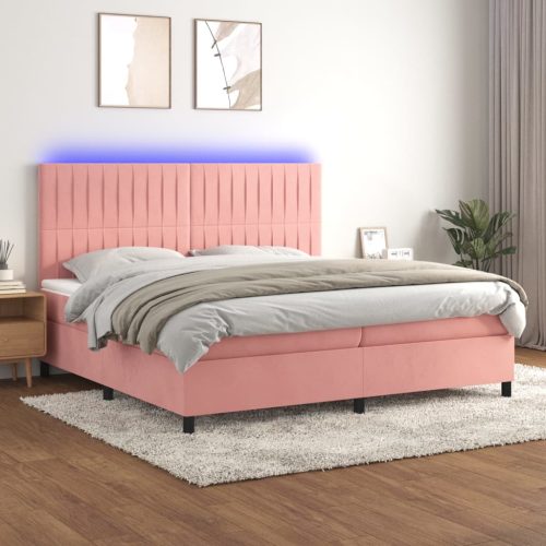 rózsaszín bársony rugós és LED-es ágy matraccal 200x200 cm