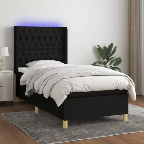 fekete szövet rugós és LED-es ágy matraccal 90x200 cm