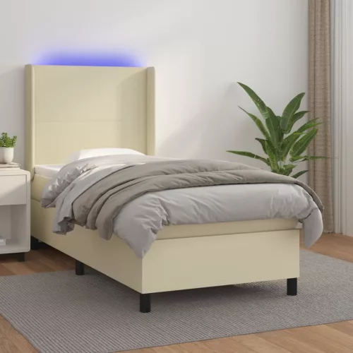 vidaXL krémszínű műbőr rugós ágy matraccal és LED-del 90x200 cm 