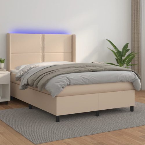  cappuccino színű műbőr rugós ágy matraccal és LED-del 140x190cm