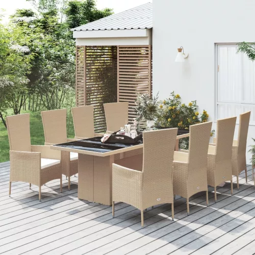 9 részes bézs polyrattan kerti étkezőgarnitúra párnákkal