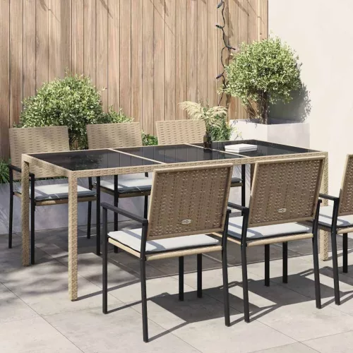 Bézs szürke polyrattan és edzett üveg kerti asztal 190x90x75 cm