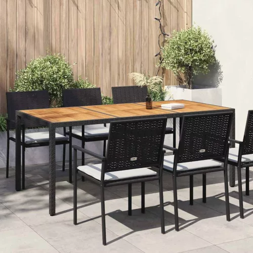 Fekete polyrattan és akácfa kerti asztal 190 x 90 x 75 cm