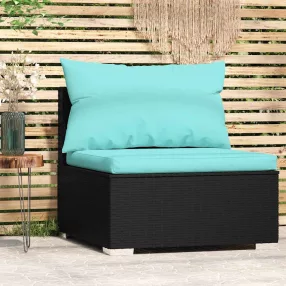 Fekete polyrattan kerti középső kanapé párnákkal