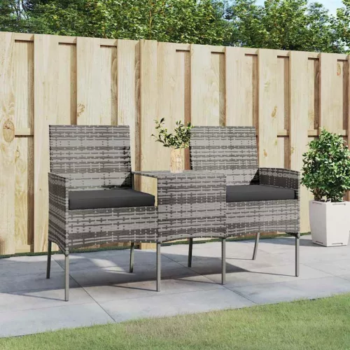Kétszemélyes antracitszürke polyrattan kanapé teázóasztallal