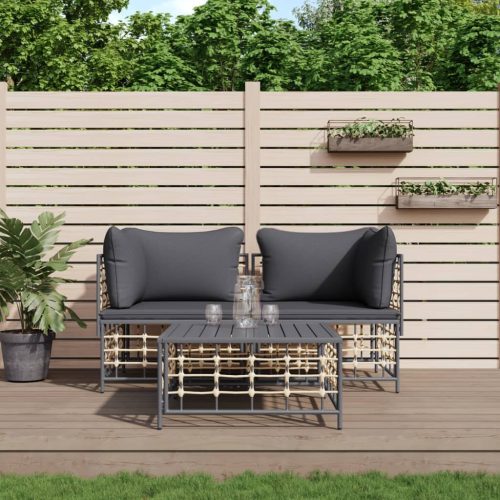 3 részes antracitszürke polyrattan kerti ülőgarnitúra párnákkal