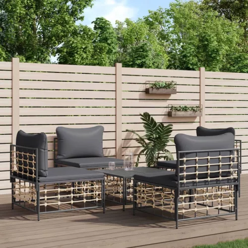 5 részes antracitszürke polyrattan kerti ülőgarnitúra párnákkal