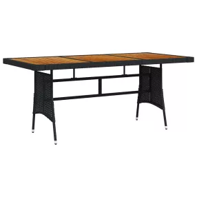   Fekete polyrattan és tömör akácfa kerti asztal 160 x 70 x 72 cm