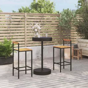   3 részes fekete polyrattan és tömör akácfa kerti bárszett