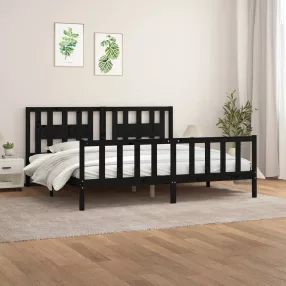 fekete tömör fenyőfa ágykeret fejtámlával 200 x 200 cm
