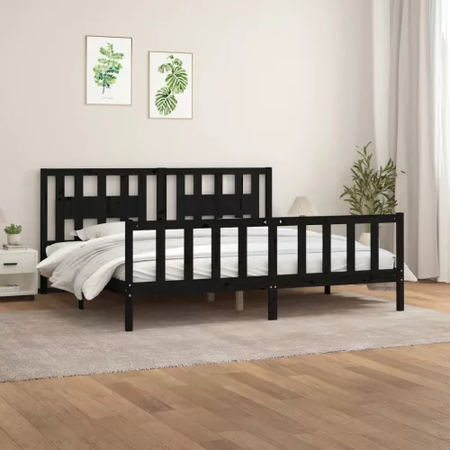 fekete tömör fenyőfa ágykeret fejtámlával 200 x 200 cm