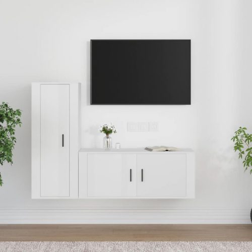 2-részes magasfényű fehér szerelt fa TV-szekrényszett